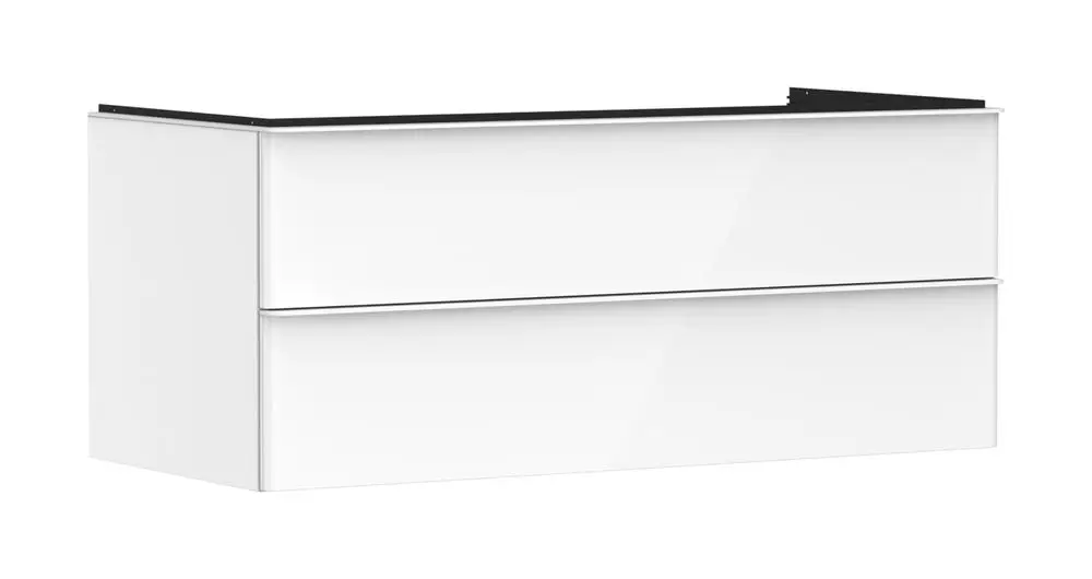 Weißer Waschtischunterschrank mit zwei Schubkästen, hergestellt von Hansgrohe, ohne sichtbare Griffe, geeignet für Wandmontage unter einem Aufsatzwaschtisch.
